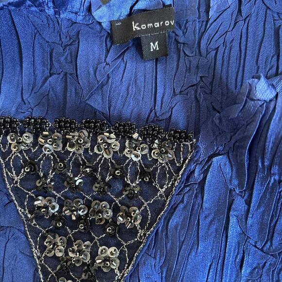 y2k‎ vtg. Midnight Blue Beaded Crinkle Top Blouse kOMAROVsize Medium - Picture 8 of 8